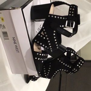Nine West Josefino Sandle. Brand new, never worn, black with silver, ankle strap